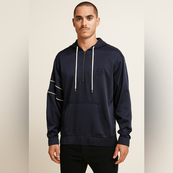 Sergio Tacchini Silk Quarter Zip Sweatshirt Navy Blue Satin XS Sporty Italian - Picture 1 of 12